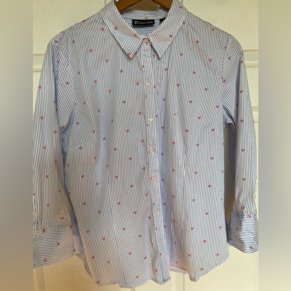 New York and Co 7th Ave Heart Button Down with Blue and White Stripes